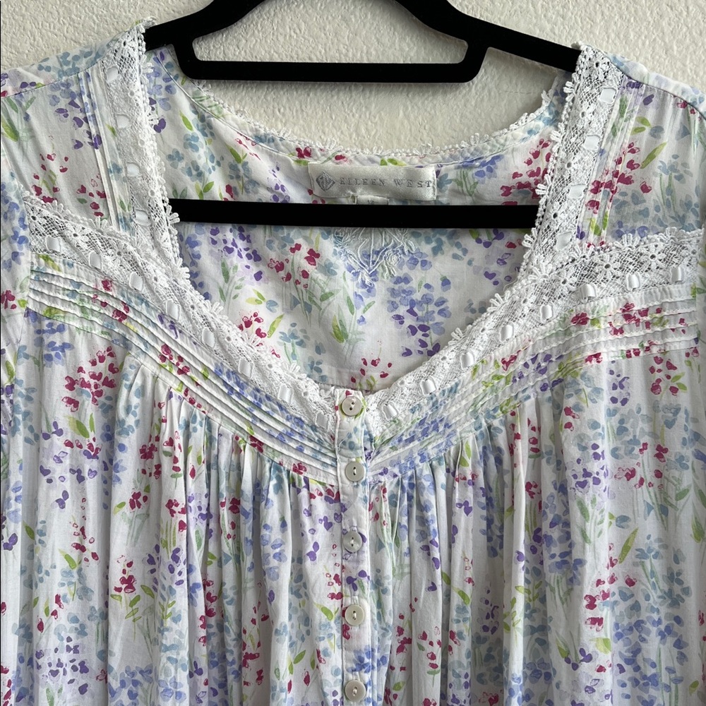 Eileen West Ballet Nightgown Cotton L-Sleeve Sweetheart Buttoned White Floral XL - Picture 6 of 14